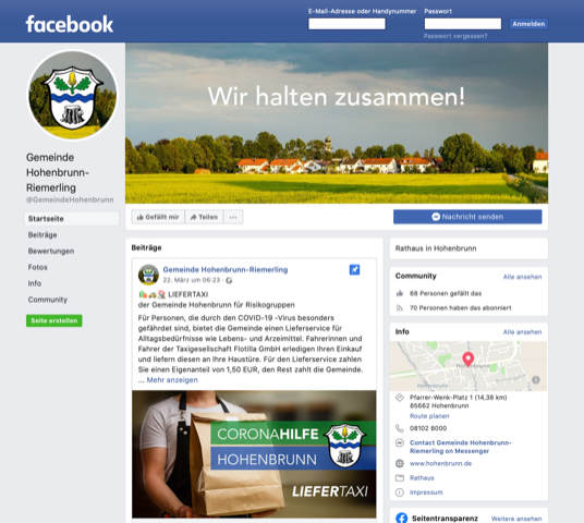Screenshot der neuen Facebook-Seite der Gemeinde Hohenbrunn